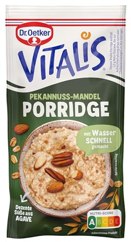 Dr. Oetker Vitalis Porridge Pekannuss-Mandel, 10 x 58 g, Mischung für nussigen Haferbrei, schnell & einfach zubereitet, dezente Süße aus Agave, Idee fürs Frühstück