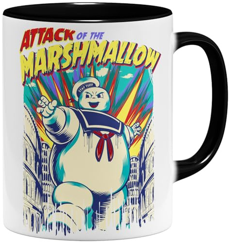 OM3® Ghost Marshmallow Attack Kaffee-Tasse mit Retro Motiv - Comic Style - Keramik Becher - 325ml - Beidseitig Bedruckt - Schwarz