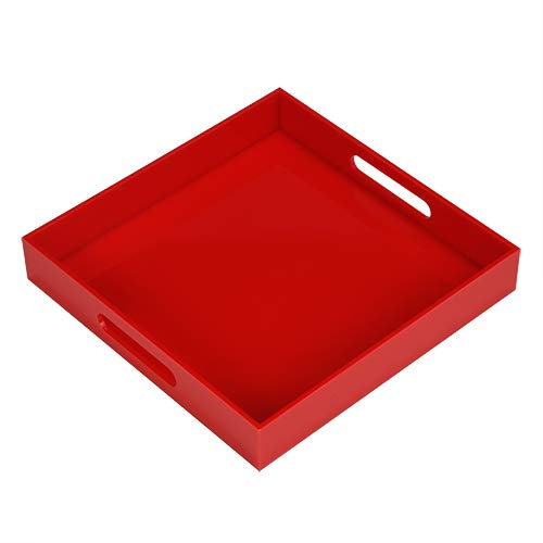 Robust röd akryl serveringsbricka med handtag – 25 x 25 cm, kaffe/förrätt/butler-bricka – köksbänk och sminkbord organisatör