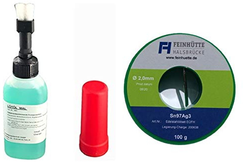 EO-FH Profi-Edelstahl Lötset Nr. 5, 100 ml Flusmmittel/Lötöl MAL zum konventionellen Weichlöten von Edelstahl, Pinselflasche mit Kindersicherung + 100 g Lötzinn Legierung Sn97Ag3