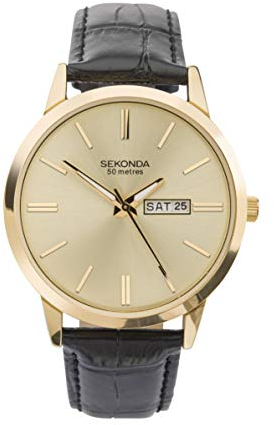 Sekonda Classic Mens 40mm Quartz Watch in Gold with Analogue Day/Date Display, and Black Leather Strap 1838.