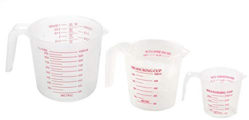 Messbecher 3er Set Volumen ca. 250ml, 500ml, 1000ml, 3 Stück Kunststoffbecher, transparenter Messbecher mit Griff für Küche zum Kochen und Backen