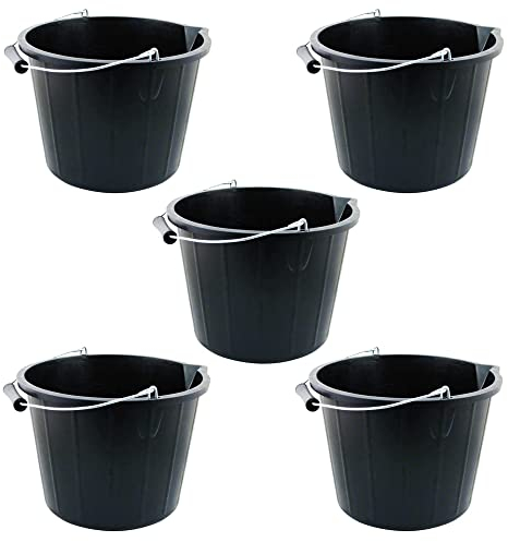 Set of 5-14L Litre Plastic Builders Bucket 3 Gallon Storage Bucket Construction Bucket With Metal Handle & Spout For Cleaning Animal Feed Mixing Home/Garden - Made in UK (Black)