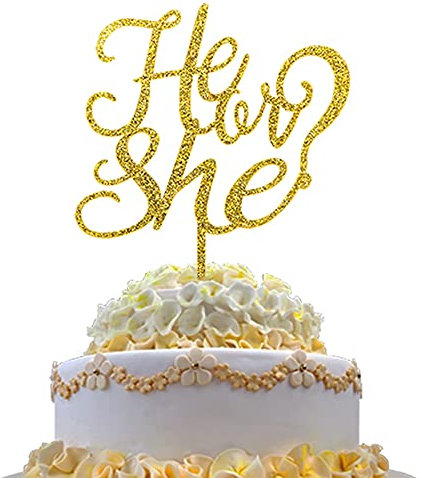 He or She Cake topper Gold Acrylic Gender Reveal Topper for Baby Shower Gender Reveal Party Decorations by Topfunyy
