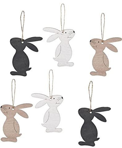 Super Idee 6 x Osterhasen Osteranhänger aus Holz mit Schnur zum Aufhängen als Frühlingsdeko Osterdeko Geschenk Ostern in Natur Weiß Schwarz Fensterhänger Geschenkanhänger Verpackung Holzanhänger