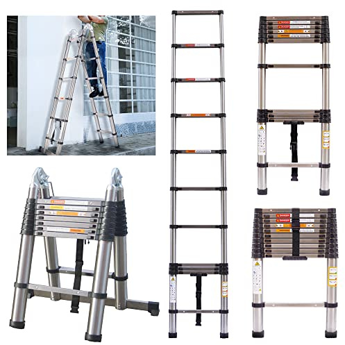 5M Teleskopleiter Rostfreier Stahl Ausziehbare Klappleiter 2.5M + 2.5M Teleskop Leiter mit Stabilisator, Hohe Mehrzweckleiter, 150 kg Belastbarkeit für Heim Werken, Dachbode, Garten