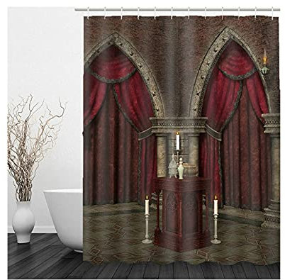 Banemi Badewannen Duschvorhang Antischimmel, Duschvorhang Retro Dunkelbraun Rot 2 Tore 180X200cm für Eck Dusche mit 12 Duschvorhangringen