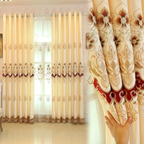 Amidoudou Luxury Embroidered Curtains 66x90 Inch, 2 Panels European Elegant Window Drapes for Living Room & Bedroom, Thermal Insulated Grommet Curtains (Yellow)