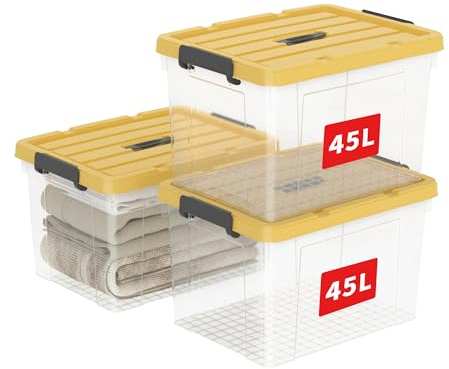 Cetomo 45L*3 Caja de Almacenamiento con Asa, Caja de Plástico con Tapa y Cierre Seguro, Contenedor de Almacenamiento Grande, Duradera, Apilable, Resistentes, Amarillo & Claro, Paquete de 3 de 45L