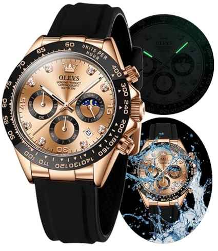 OLEVS Herren Chronograph Quarzuhren Lederband Goldgehäuse mit Tag Datum Wasserdicht Edelstahl Armbanduhr Leuchtende Uhren für Männer Mode Freizeit, Rose Gold, Chronograph, Digital