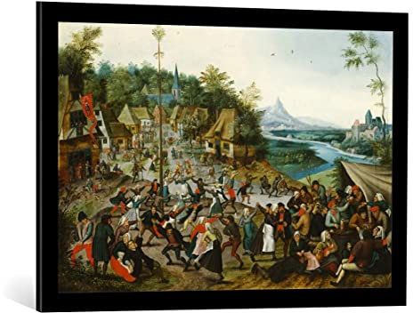 kunst für alle Bild mit Bilder-Rahmen: Pieter Brueghel der Jüngere Tanzende Bauern um einen Maibaum - dekorativer Kunstdruck, hochwertig gerahmt, 85x55 cm, Schwarz matt