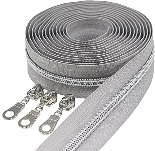 MebuZip 9 m Silber endlos Reißverschluss Meterware Nylon 6mm (Grau) | Reißverschluss 25 Nonlock-Zipper für Taschen Deko DIY Basteln Nähen