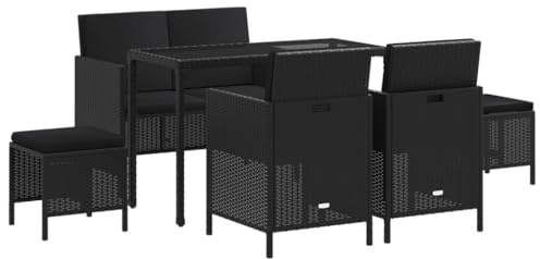 vidaXL 6-TLG. Garten-Essgruppe mit Kissen Schwarz Poly Rattan