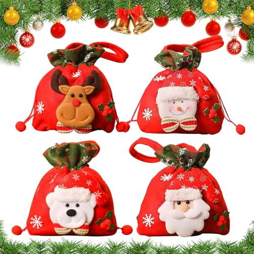 ACTOYS 4 Stück Weihnachten Geschenkbeutel Mit Kordelzug, Geschenktüten Mit Weihnachtsmann Schneemann Elch Bär Muster für Kinder (Rot A)