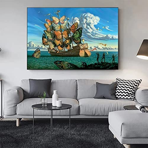 HOLEILUCK Salvador Dali Schiff mit Schmetterlingsinsekt HD-Druck, rahmenlose Gemälde, Drucke, Wandkunst, Bild für Wohnzimmer, Heimdekoration, 60 x 105 cm/24 x 41 Zoll, ungerahmt