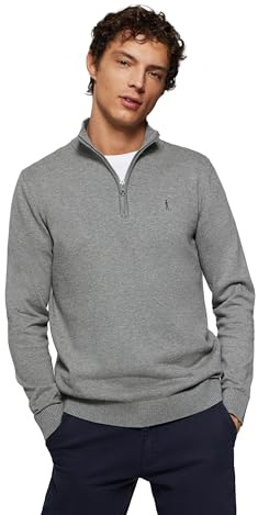 Polo Club Jersey Gris Vigore con Cierre de Media Cremallera y Cuello Alto - Jersei con Logo Bordado para Hombre - Suéter Manga Larga 100% algodón