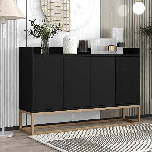 Kehun Sideboard Aufbewahrungsschrank Schwarz für Wohnzimmer und Esszimmer Küche, Kommode Schrank Buffetschrank 120×30×80 cm mit 4-Türiger Griffloser.