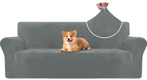 CYCMACO Samt Sofa Überzug 3 Sitzer, Sofabezug Elastische, Couch Überzug Haustier Katze Hunde, Universal Sofa Cover Moderne, Sofahusse Mit Armlehnen, Sofaschoner rutschfest, Hellgrau