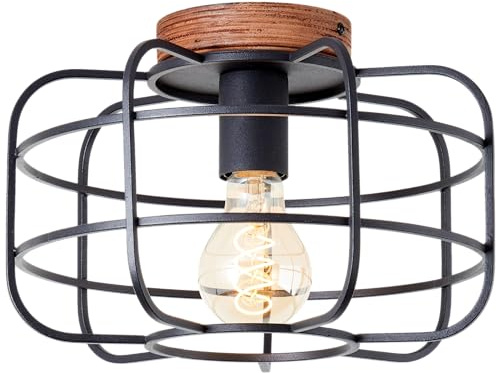 Lightbox Deckenlampe mit Gitter Schirm & Basis aus Holz - rustikale | Deckenleuchte, Ø 30 cm, 20 cm Höhe, E27, Metall/Holz, schwarz