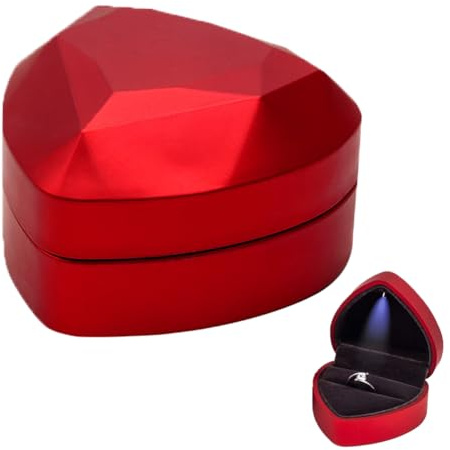 BNOYONERAS Ringschachtel mit LED-Licht, LED Ring Box Herzform, Ringbox mit LED, Ring Box mit LED-Licht, Ringschachtel Hochzeit, Herz Ringkästchen für Vorschlag Verlobung Hochzeit Zähler Display, Rot