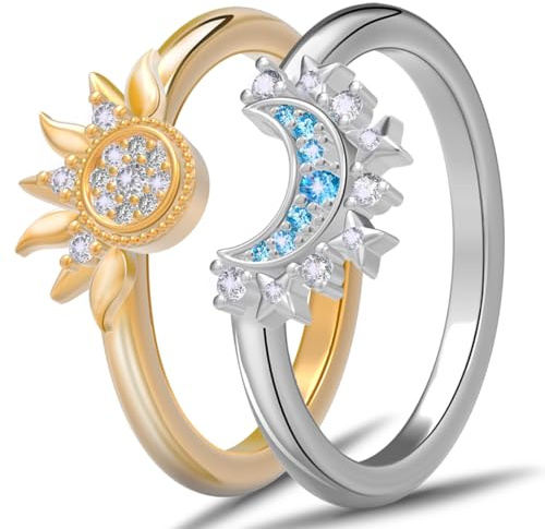 aesdox Sonne Mond Ring Set, Freundschaftsringe Sonne Ring Herren Gold und Mondring Damen Silber 925 (#6, Sonne&Mond)