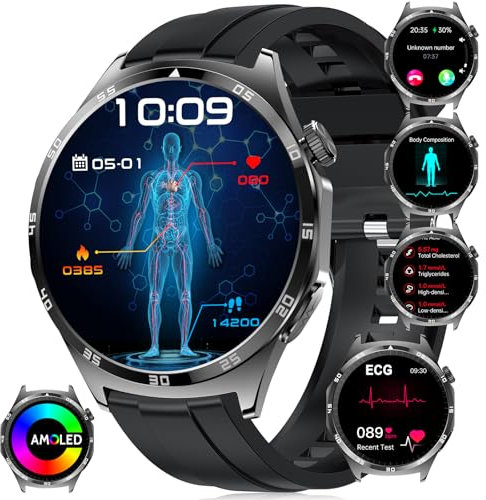 2025 ECG Reloj Inteligente con 𝐆𝐥𝐮𝐜𝐨𝐬𝐚/HRV/Ácido Úrico/Lípidos/BMI, 1.43 AMOLED Smartwatch Always-On Display con 24/7 Presión Arterial, Temperatura Corporal Pulsera Actividad para Android iOS