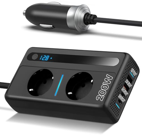 7 in 1 200W Auto Spannungswandler Wechselrichter DC 12V to AC 230V mit 2 Steckdosen und 2 Typ-C & 2 USB Schnelles Aufladen KFZ Ladegerät mit Zigarettenanzünderstecker für Geschaeftsfahrten und Urlaub