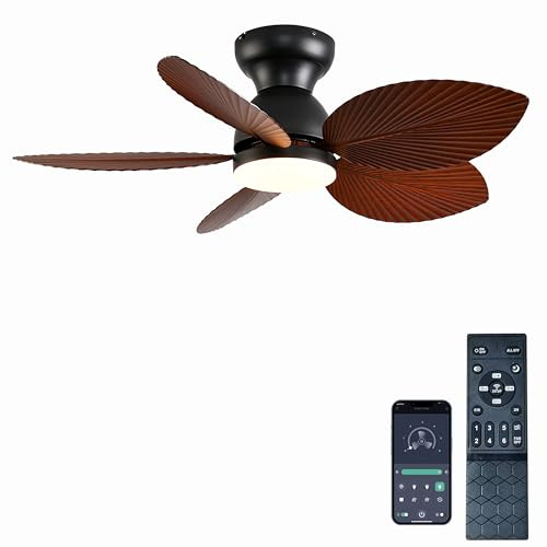 Tropical Ceiling Fans with Light 38 Inch Palm Leaf Ceiling Fan for Bedroom Indoor Outdoor Remote Control App Control 6 Speeds