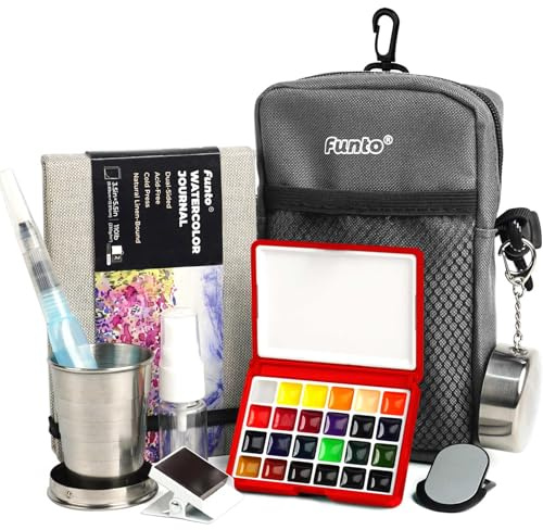 Funto Kit de Acuarelas de Viaje Profesional - 24 Colores de Alta Pigmentación, Set de Pintura Portátil con Bolso Cruzado, Bloc de Dibujo - Mini Set Todo en Uno para Artistas y Paisajismo al Aire Libre
