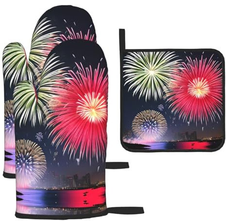 YYHHAOFA Lot de 3 maniques de cuisine imperméables et durables pour éviter les brûlures et l'isolation thermique Motif feux d'artifice