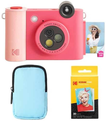KODAK Smile+ - Paquete de iniciación de cámara instantánea Digital e Impresora fotográfica 2 en 1, Funda de Lujo + Papel Zink 20 Unidades, 10 MP, Lente giratoria, Fucsia