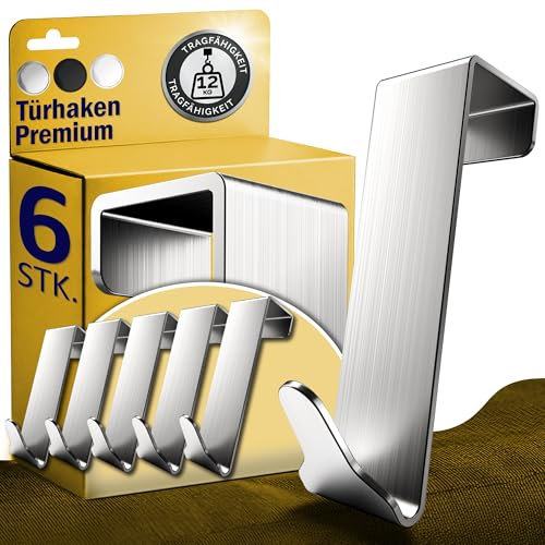 Menz Premium Türhaken zum Einhängen, 6er Set - Einzeln verwendbare Kleiderhaken Tür aus Edelstahl, hochwertige Türgarderobe - Robuste Haken zum Einhängen, Türhakenleiste mit hoher Tragkraft