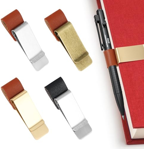 Stiftschlaufen-Halter, 4Pcs PU Leder Retro Notebook Stifthalter Pen Loop mit Clips Edelstahl Stiftschlaufe Pen Holder aus PU Leder für Journal Notebook Planer Clipboard Office Pocket, Fit die meisten