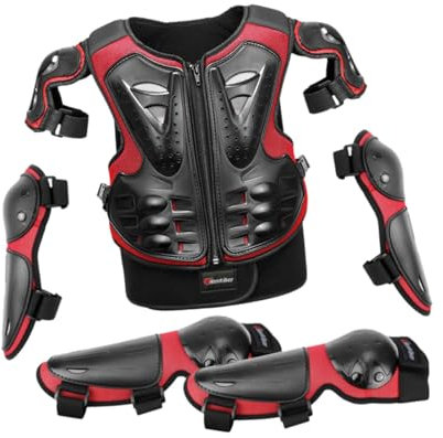 BaotyJie Tuta da protezione per motociclette per bambini, protezione per il torace, colonna vertebrale, schiena, equipaggiamento per bici da cross, set di, Rosso