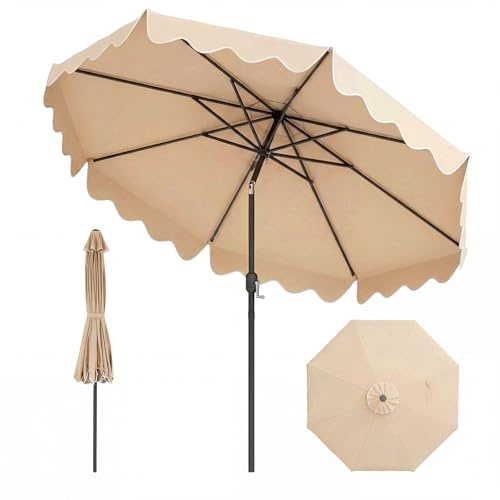 COSTWAY Sonnenschirm 270 cm, Gartenschirm mit Kurbel und Volant, beidseitig um 30° knickbar, Terrassenschirm mit 8 Rippen, Marktschirm für Garten, Balkon, Terrasse (Beige)