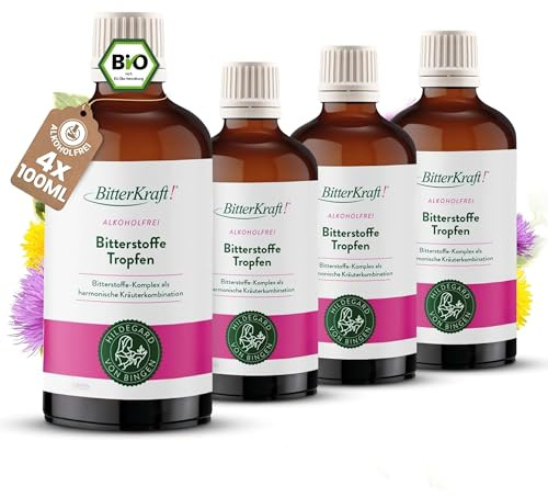 BitterKraft! Original BIO Bitterstoffe Tropfen alkoholfrei 4x 100 ml - nach Hildegard von Bingen – 9 erlesene Bitterkräuter - Verdauungsfördernd – hochdosiert - 100% Natur – Vegan – Made in Germany