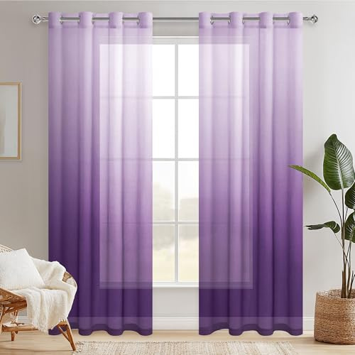 Hiasan Lila Gardinen mit Ösen Vorhänge Halbtransparent Wohnzimmer | Violett Farbverlauf 140x245cm 2er Set, Ösenvorhang Gardine Vorhang aus Voile Moderne Dekoschal für Schlafzimmer Kinderzimmer