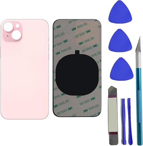 Peixiong Verre arrière de rechange pour iPhone 15, rose | Résistant aux rayures et à l'abrasion, trous précis, ajustement ferme, kit d'outils de réparation complet inclus dans la