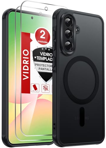 LeYi Funda para Samsung Galaxy A56/A 56 5G Compatible con MagSafe Magnética, con 2× Cristal Templado, Carcasa Translúcido Esmerilado Grado Militar Antigolpes Case, Negro