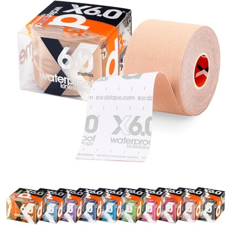 d3 X6.0 Waterproof Kinesiology Tape 5cm x 6m Beige – Sweatproof Hypoallergenic Kinetic Tape for Knee Pain, Shoulder, Back & Muscle Support - Injury Recovery & Sports Tape Strapping Uncut Roll