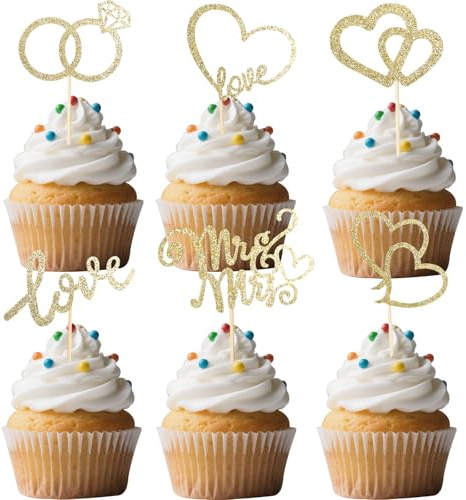 Gleevio 24 Stück Cupcake Topper Mr & Mrs Deko Hochzeitstorte Glitzer | Tortendeko Hochzeit Gold, Mr Mrs Muffin Deko, Herz Cupcake Topper Hochzeit Kuchendeko Mr & Mrs für Verlobung Hochzeitsfeier