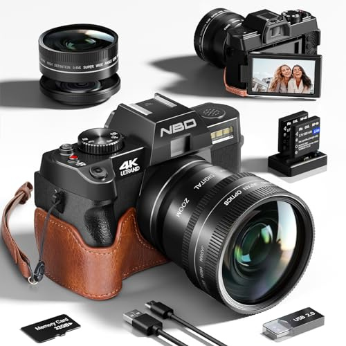 NBD Appareil Photo numérique 4K 48MP avec autofocus, Zoom numérique 16x, Écran IPS 3 180°, WiFi + Housse Cuir sur Mesure & Dragonne en Cuir（Noir）
