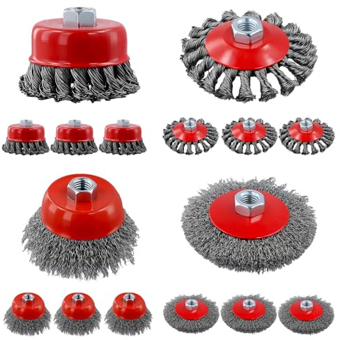 MUKSUET 12PCS Angle Grinder Wire Brush Set, M14 Thread with 75mm Cup Brushes and 100mm Wheel Brushes for Rust Removal, Grinding and Surface Cleaning