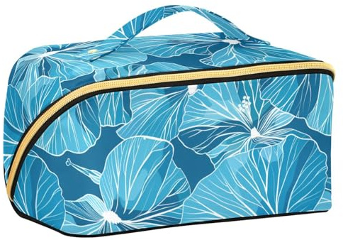 sanluoli Bold Line - Bolsas de maquillaje con divisores de hojas de geranio cian con cremallera, bolsa de maquillaje vertical independiente