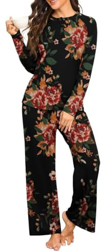 PrinStory Womens Pajama Set Long Sleeve Henley Pjs Sleepwear Wide Leg Pants Nightwear With Pockets