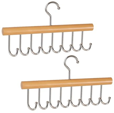 2 Pieces Solid Wood Belt Hanger with 8 Hooks, 28cm Compact Belt Organiser and Storage Rack for Wardrobe, Bra, Tie, Scarf, Camisole Holder