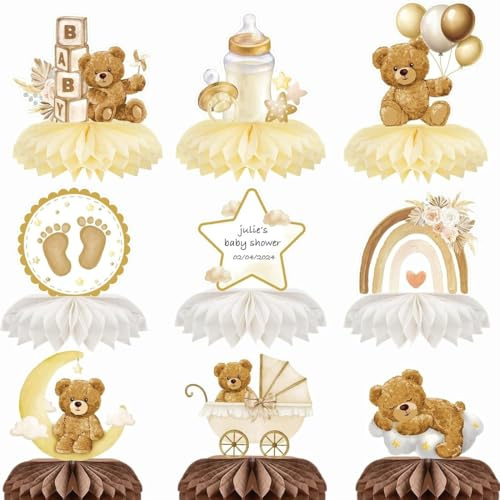 YUVKIN 9 Stück Babyparty Tischdeko mit Brauner Bär Geburt Motiv - Bienenwaben Mittelstück - Tischdekoration für Babyshowerparty und Babyparty
