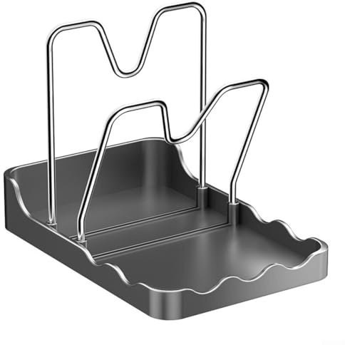 Space Saving Pot Lid Organizer with Spoon Rest for Kitchen Countertop Use, Holds Two Pot Lids or Lid and Rag for Practical Cooking Convenience and Organized Workspace (A)
