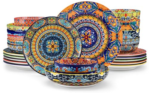 vancasso 24-Piece Dinnerware Sets,Plates & Bowls Sets Service for 6, Bohemian Porcelain Dishes Set for 6, Kitchen Dinner Set,Microwave & Dishwasher Safe, Scratch Resistant,Series KRVI