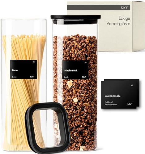 KIVY Vorratsgläser mit transparenten Glasdeckel - 2x 1800ml - Luftdicht | Nudelgläser mit Deckel - Müsli Aufbewahrung Glas - Aufbewahrung Spaghetti - Große Dose für Spaghetti Glas - BPA-Frei